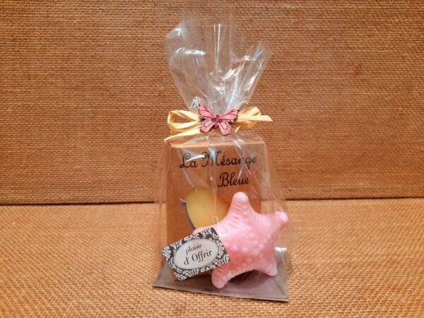Sachet cadeau contenant un savon parfumé et un savon en forme d'étoile de mer de couleur rose, sur un fond en jute