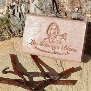 Savon artisanal naturel parfumé à la vanille posé sur un rondin de bois le long d'un arbre avec des gousses de vanille devant le savon.