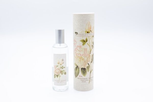 Eau de toilette à la rose dans un flacon spray en verre et au bouchon argenté avec sa boîte coordonnée, sur un fond blanc