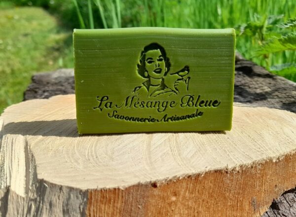 Savon artisanal naturel à la spiruline BIO, posé sur une tranche de bois dans un décor naturel de verdure coordonné à la couleur verte du savon.
